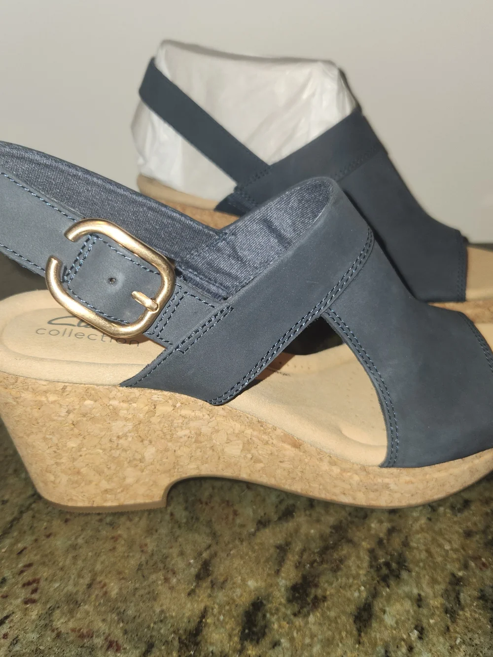 Clarks Open-Toe Navy Wedge 10 Wide Width Bnib